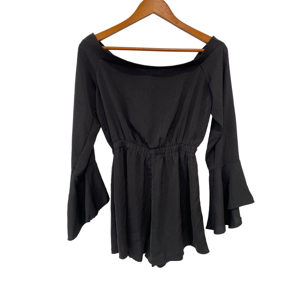 Princess Polly Off The Shoulder Bell Sleeve Romper Size 10 Black Polyester Trend